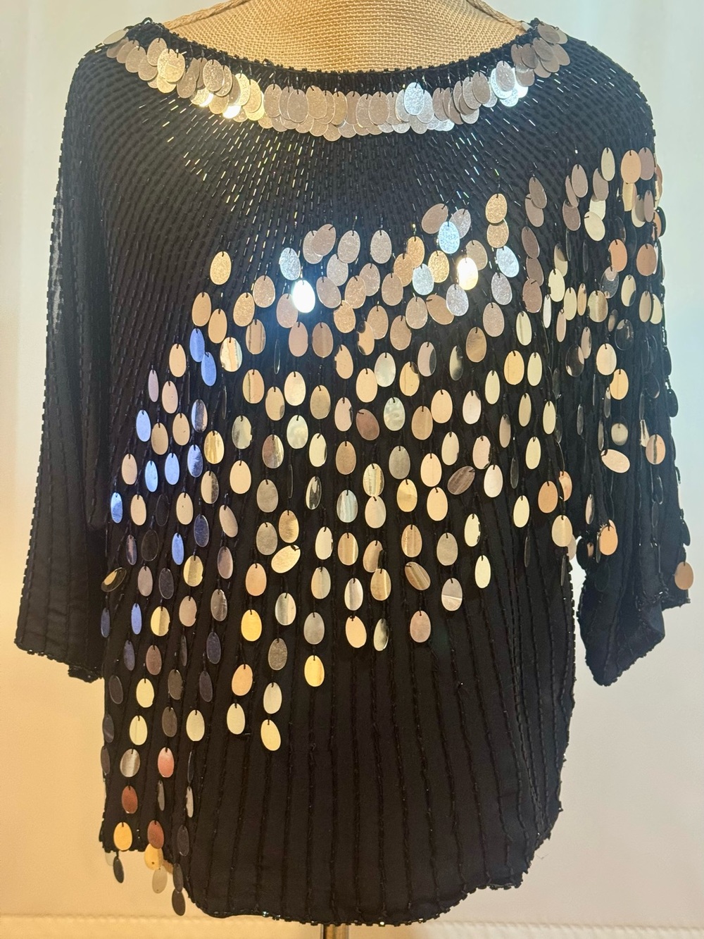 Oleg Cassini Black Top withSilver Sequin Accents, very stylish, S